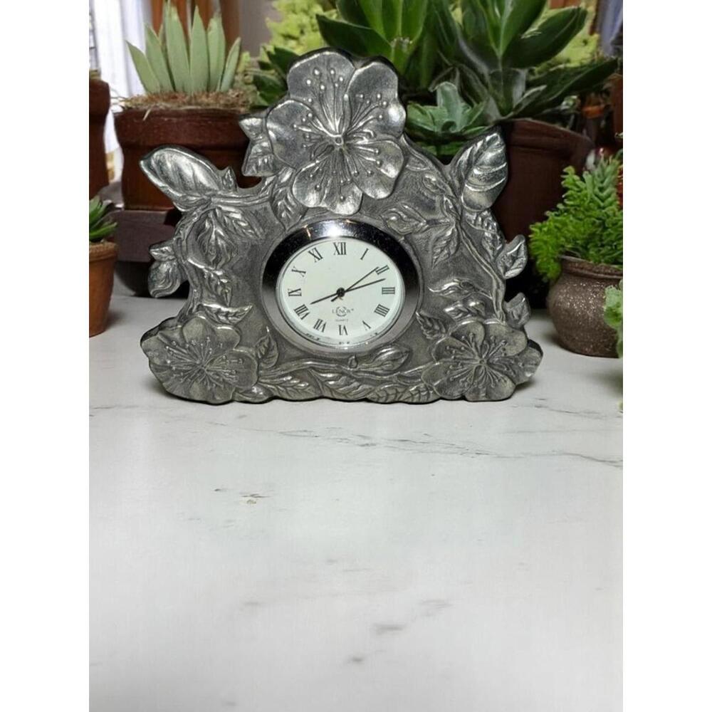 Lenox Pewter Silver Desk Clock Quartz Kirk Stieff Floral Poppy Frame